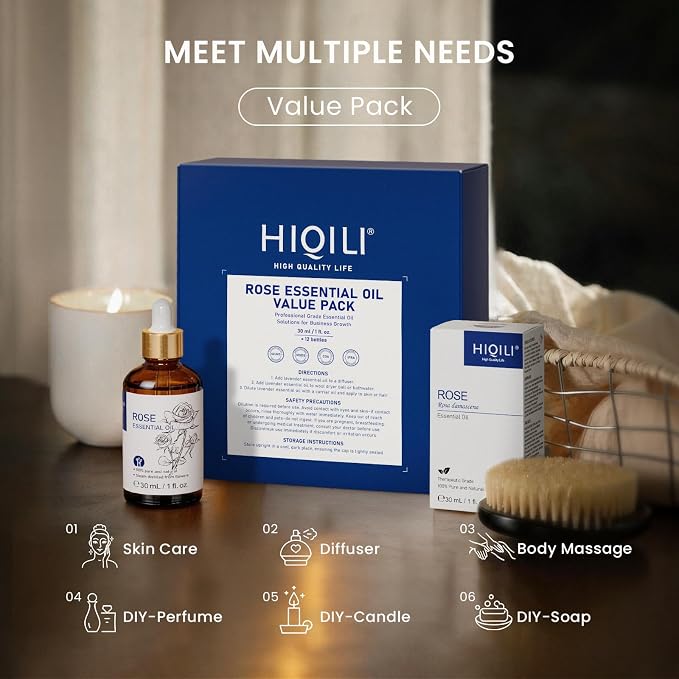 HIQILI Rose Fragrance Oil Set, 12-Pack for Skin, Diffuser & DIY Use | Bulk Pack for Business & Holiday Gifting, Pet Safe & Long Lasting for DIY Candle & Soap Making - 30mL / 1.01 fl oz