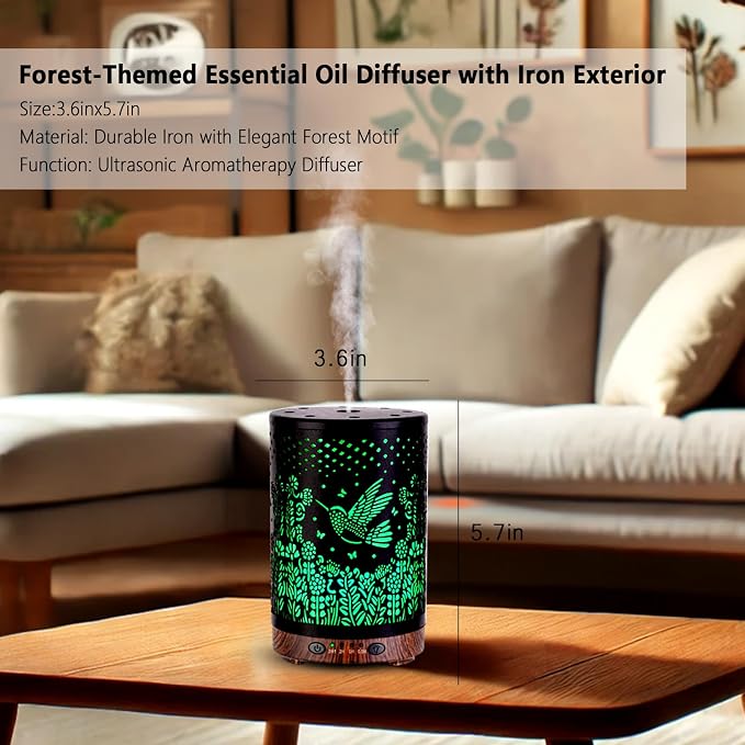 Essential Oil Diffuser 120ML Metal Aromatherapy Diffuser with Timer, Cool Mist Humidifier with Auto Shut-Off & 7 Color Lights for Home Office Spa (Bird)