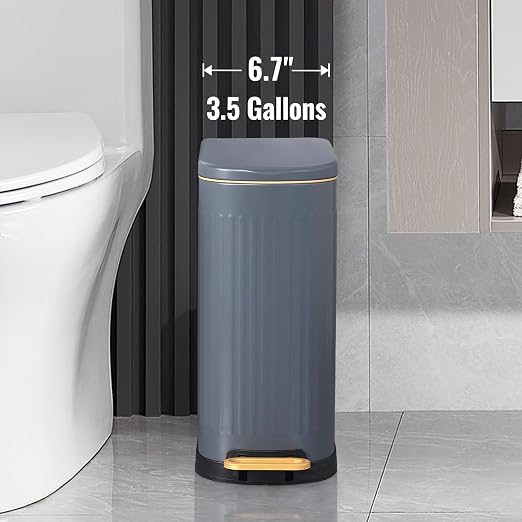 SYNCVIBE Slim Bathroom Trash Can with Soft Close Lid Stainless Steel Garbage Can Step Trash Bin with Removable Inner Bucket for Bedroom, Office, Kitchen (Matt Grey, 3.5 Gallons)