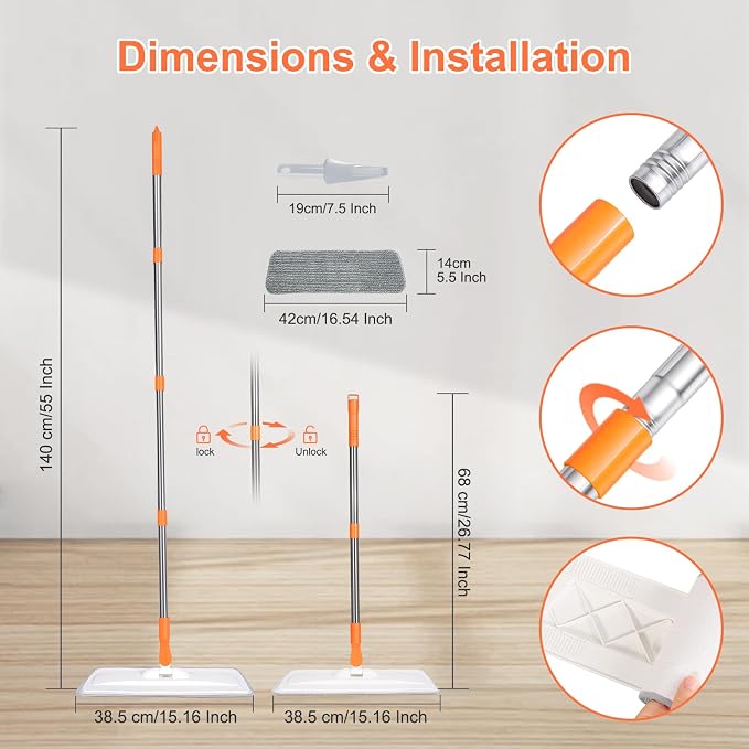wlich Microfiber Flat Mop, 55" Extendable, 2 Washable Pads, White & Orange | Wet & Dry Cleaning, 360° Swivel Head, Lightweight Aluminium Handle for Tile, Wood, Laminate and Marble Floors