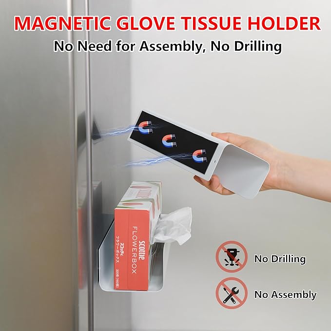 Magnetic Glove Box Holder Glove Dispenser Tissue Box Organizer Wall Mount | Adjustable Magnet Box, Versatile Use for Fridge, Toolbox, Metal Door, Garage Wall, Hold Gloves, Towels, Wipes, Tissues