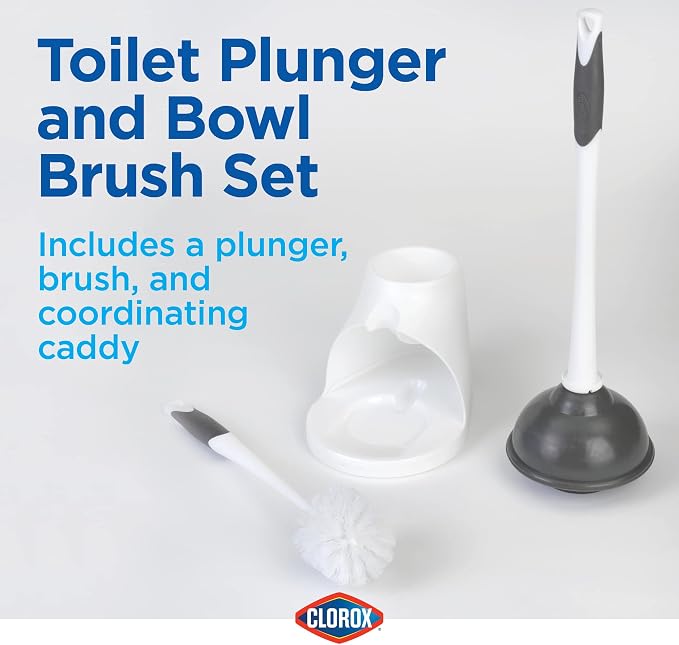 Clorox Toilet Plunger and Brush Bowl Set with Holder Caddy Storage for Cleaning Bathroom and Unclogging Toilets, White & Gray (Pack of 12)