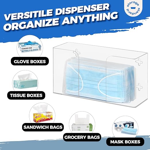 Glove Box Holder Dispenser - Kitchen, Medical, & Latex Gloves Holder Wall Mount or Countertop, Universal Fit - Thick Acrylic, Easy to Use, Slide, & Load Open Top Design - Clear