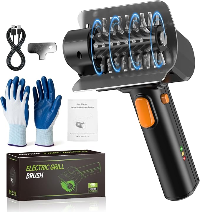 Electric Grill Brush with Dual Safety Lock, Ideal Gift for Men Dad Husband | Professional BBQ Cleaner with Submersible 304 SS Head, Splash-Proof Scrubber for Outdoor Grill (Orange Button)