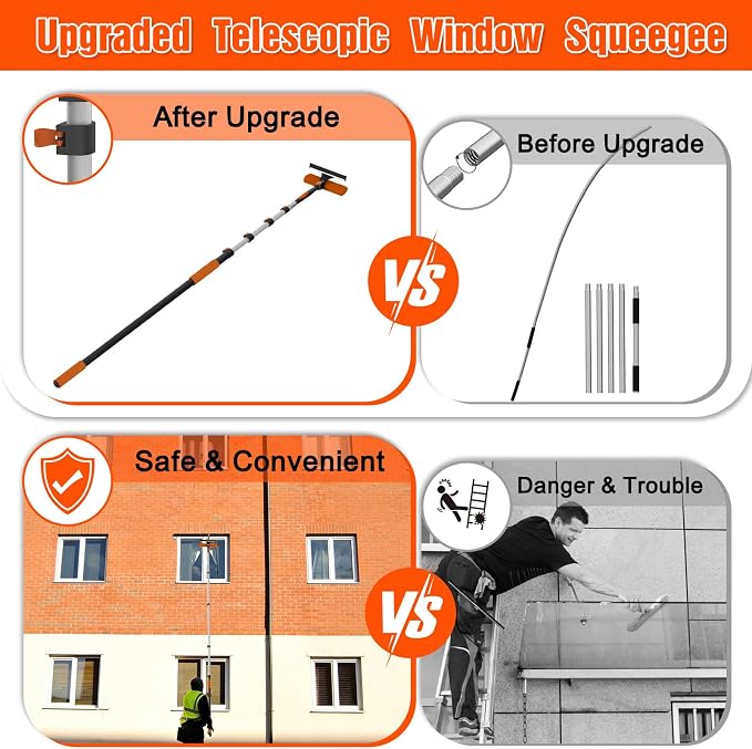 16FT Reach Window Squeegee Kit with Extension Pole, 2-in-1 Professional Washer for High Windows, 3-12FT Adjustable Reach, Rotatable Head for Indoor & Outdoor Use, Streak-Free Cleaning Tool for Home