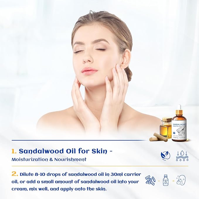 HIQILI Sandalwood Essential Oils for Skin, Diffuser & Candle Soap Making | Versatile for Perfume, Hair Care & Room, Moisturizes, Deodorizes Laundry - 30ml / 1.01 fl oz
