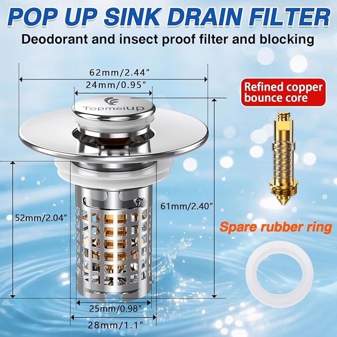 Bathroom Sink Stopper, Pop-up Sink Drain Strainer with Removable Stainless Steel Strainer Basket Hair Catcher, Bathroom Sink Strainer for Bathroom Sink Stopper (2PCS)