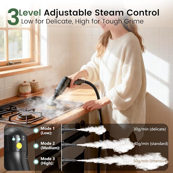 Granarbol Steam Cleaner, 2500W 1.6L Handheld Steamer for Home Car Cleaning | 10s Heat-up, 19pcs Accessories, 3 Levels, Chemical-free Cleaning for Kitchen, Floor, Bathroom, Car Interior, Black & Green