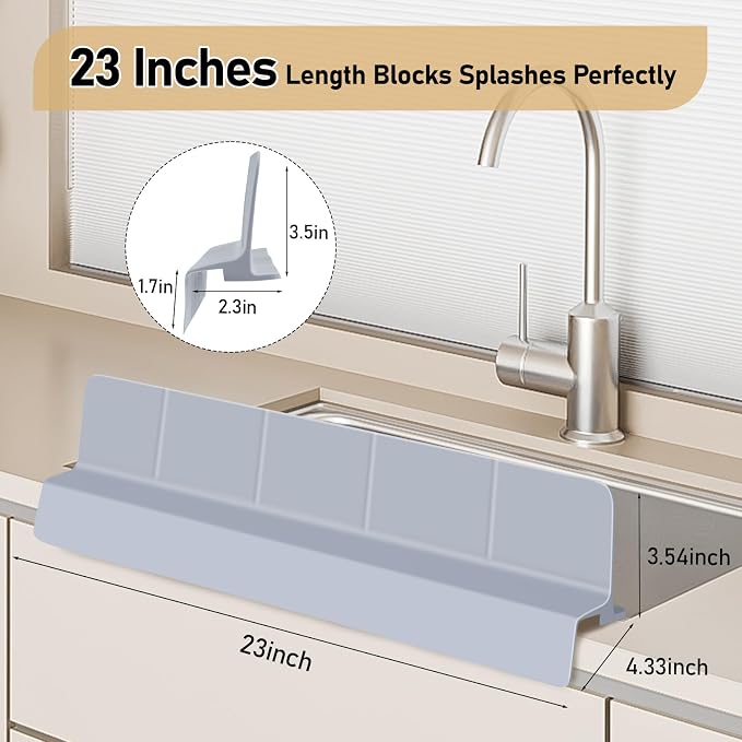Kitchen Sink Splash Guard 23" Self-Draining Silicone Water Guard with High Splash Wall & Strong Suction Cups for Faucet, Countertop & Sink Edge, Keeps Sinks Dry, Dishwasher Safe (Gray)