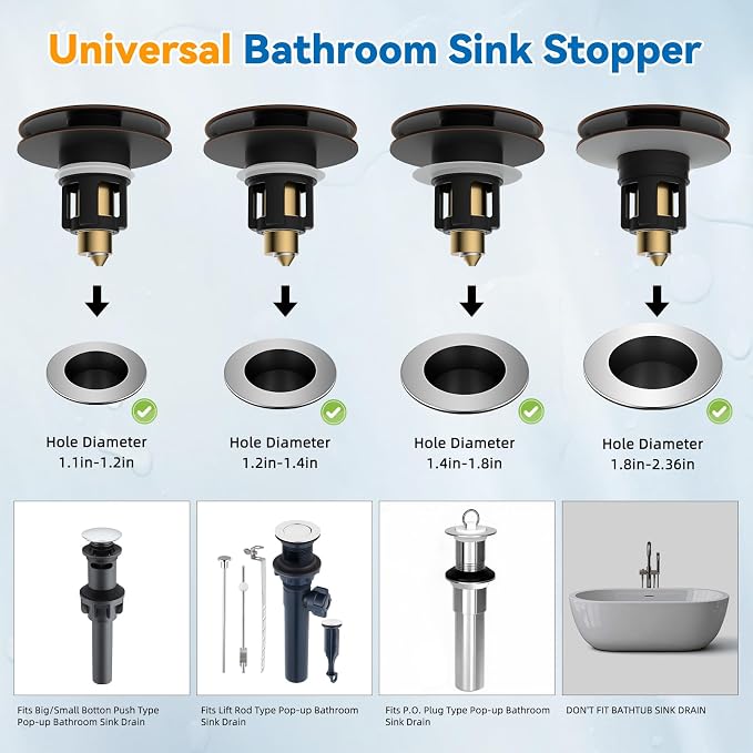 Universal Metal Bathroom Sink Stopper Hair Catcher, Oil-Rubbed Bronze | Pop-Up Sink Drain Strainer with Detachable Filter, Drain Plug Fits 1.1"-2.36" US Basin, Large Cover Cap, Brass Bounce Core