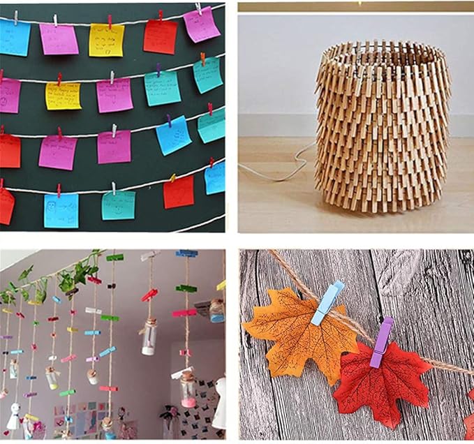 DurReus Sturdy Clothes Pegs Clamps DIY Craft Mini Colored Wood Clothespins Clip Holiday Christmas Cards with Twine Pack 50 Yellow