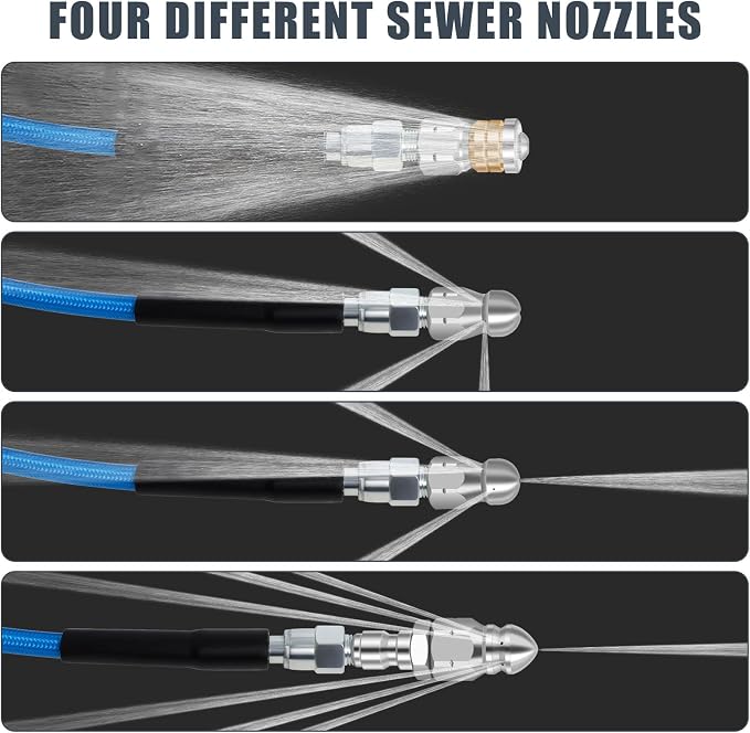 200FT Sewer Jetter Kit for Pressure Washer 5800PSI Drain Cleaner | 1/4" NPT Sewer Hose with 4 Jetting Nozzles for Long Reach Drain Cleaning, Includes Tools and Accessories