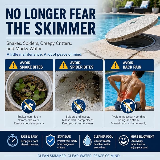 The Skimmie (Long Version) Pool Skimmer Net & Pole 53" with Stainless Steel Hook, Two Skimmer Basket Handles, Fine Mesh Net & Skimmie Dip - Hands-Free Removal of Debris, Bugs, Frogs, Small, Animals