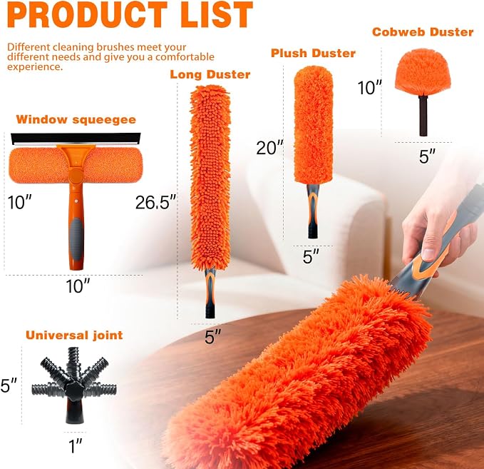 26FT High Reach Duster Cleaning Kit with 5-20 FTExtension Pole, High Ceiling Fan Cleaner Duster Tool for Fan Blades, Extendable Reusable Cobweb, Feather, Window Cleaning Squeegee Kit(20FT)