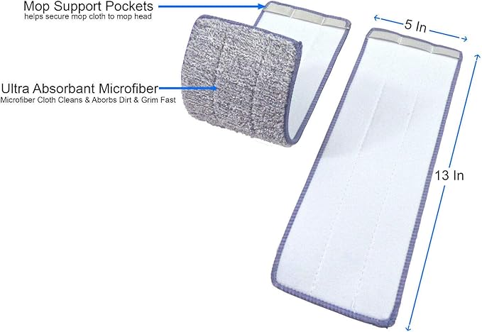 Bulletproof Microfiber Mop Replacement Heads - 5 Pack Washable Pads for Floor Cleaning Compatible with Tethys,Joy Moop & Most 11” - 13” Flat Squeeze Mops for Wet/Dry Mopping, Sanitizing, Scrubbing
