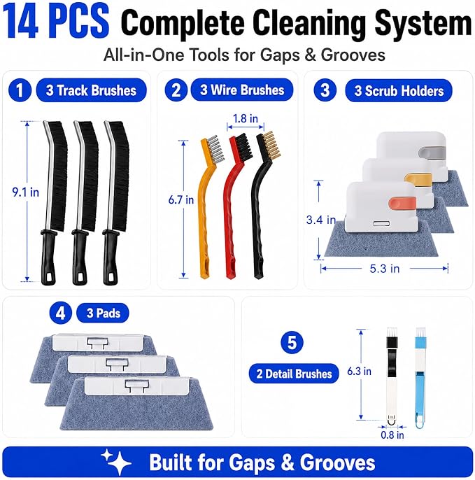 Window Track Cleaner, 14 PCS Crevice Cleaning Brush Kit | For Window Groove, Blinds, Vents, Baseboard, Grout and Shower Door Track Cleaning