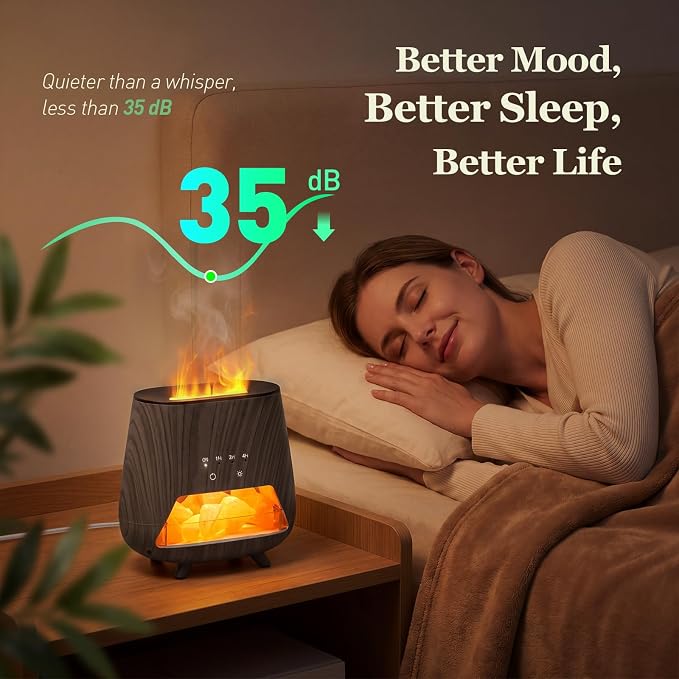 Essential Oil Diffuser for Home: 𝟒-in-𝟏 Himalayan Salt Lamp(Black) | Aromatherapy Diffuser with 𝟗-𝐂𝐨𝐥𝐨𝐫 Flame LED - 200ml Cool Mist Humidifier - Auto Off for Bedroom, Office & Yoga