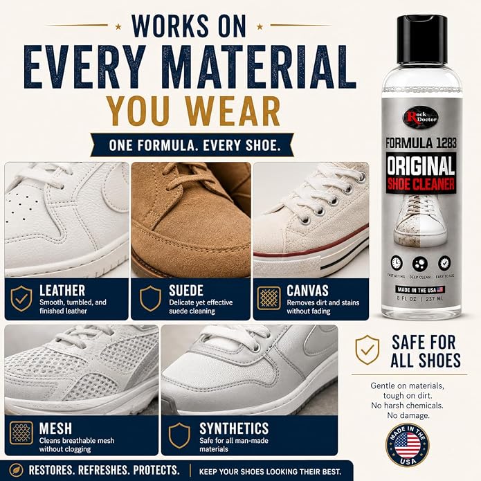 Rock Doctor Shoe Cleaner Solution with Brush, Sneaker Cleaner & Suede Shoe Cleaner for Leather, Mesh, Canvas, Tennis Shoes, Boots & White Sneakers - Liquid Footwear Care Formula, 8 fl oz / 237 ml