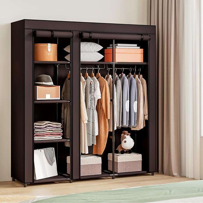 SORCEDAS Portable Closet Wardrobe with Hanging Rods Shelves Clothes Storage | 51 Inch Closet Organizers and Storage with Non-Fabric Cover,Freestanding Clothes Closet for Bedroom,dorm,Storage Rooms Coffee