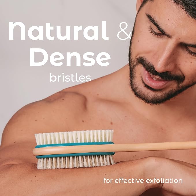 MainBasics Back Scrubber Shower Brush, Teal, Long Handle | Dual Sided Body Brush, Exfoliating Bristles and Soft Bristles, Back Scrubbing, Deep Cleaning