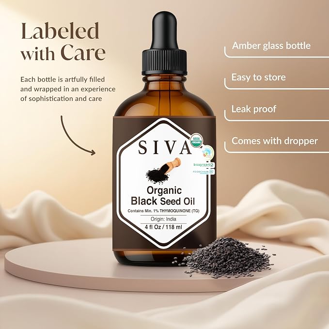 SIVA ORGANICS Black Seed Carrier Oil with Dropper, 4 Fl Oz (118 ml) | Organic Black Seed Oil for Hair Care, Hair Oiling, Scalp Massage, Skin Care, Body Massage & DIY Recipes in Glass Bottle