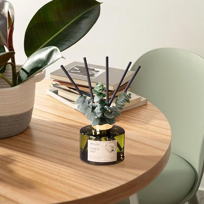 Reed Diffuser Set with 6.76 fl oz Forest Mist Scent Essential Oils and 3 Leaves & 8 Diffuser Sticks,Bathroom Shelf Decor & Air Freshener, House Bedroom Office Decor & Gifts
