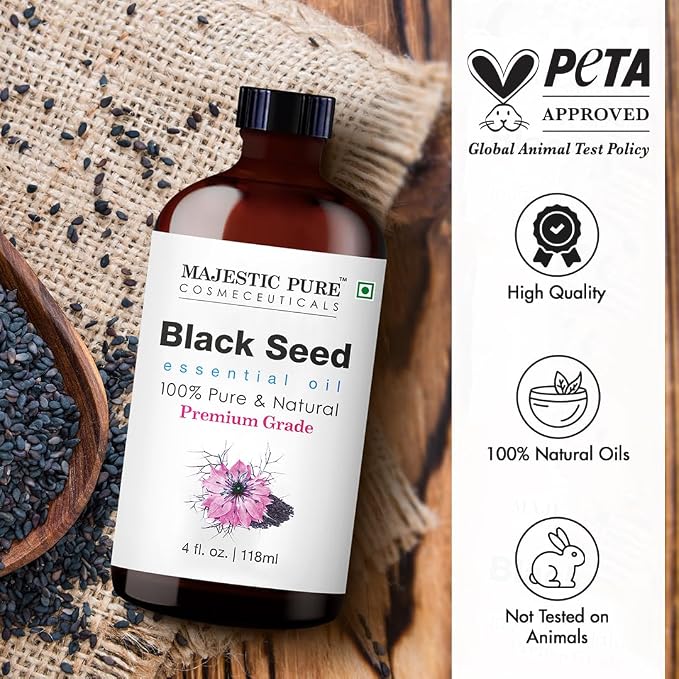Majestic Pure Blackseed Essential Oil for Diffuser - 4 Fl Oz | 100% Natural Essentials Oils for Aromatherapy, Massage, candle making, soap making and custom essential oil blends