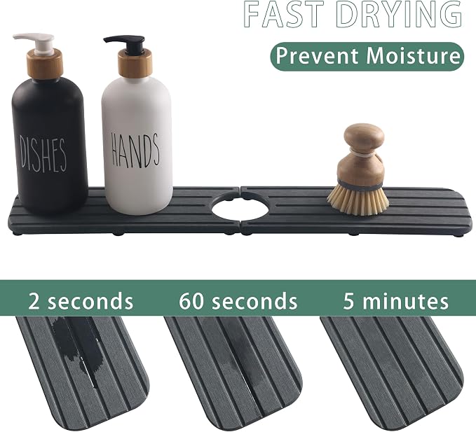 NiuYichee Faucet Mat for Kitchen Sink – Diatomite Stone Drying Mat, Absorbing Stone Tray for Bathroom Counter (Dark Gray, 19.6" x 3.9")
