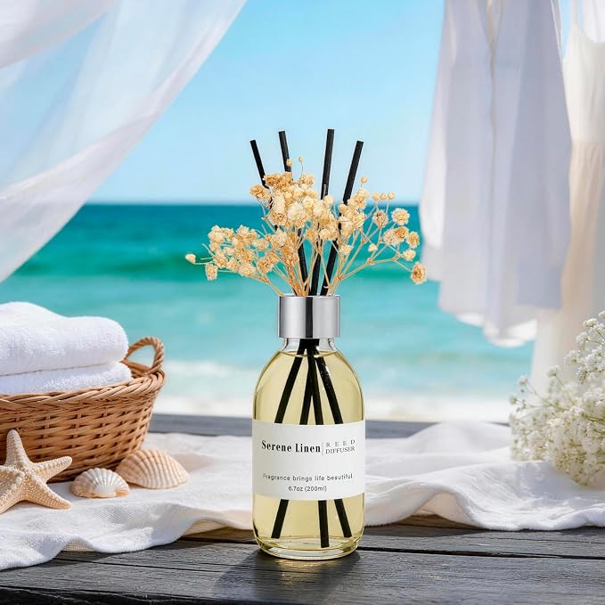 Clesh Reed Diffuser Set, 6.7 oz Serene Linen Scented Diffuser with Sticks, Home Fragrance Reed Diffuser for Bathroom Shelf Decor