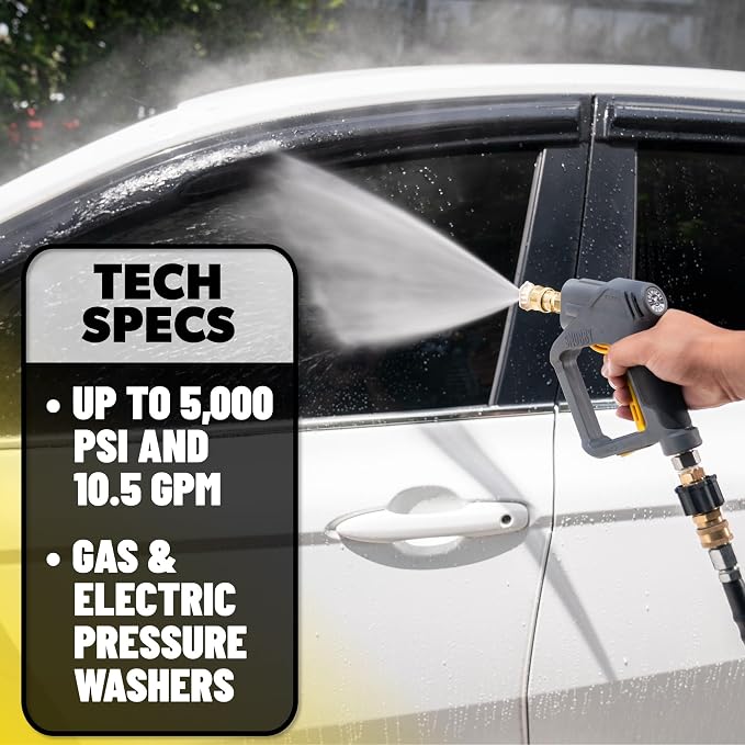 Chemical Guys, Snubby Short Pressure Washer Gun with Foam Cannon Attachment | Short-handle gun fits gas and electric washers for better control, pairs with a foam cannon for thick suds