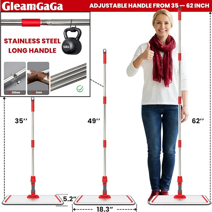 18” Professional Microfiber Mop for Floor Cleaning on Hardwood Floors | 4 Washable Mop Pads, Aluminum Alloy Flat Mop Head, Wet & Dry Use, 62" Long Handle, Pad Cleaning Scraper