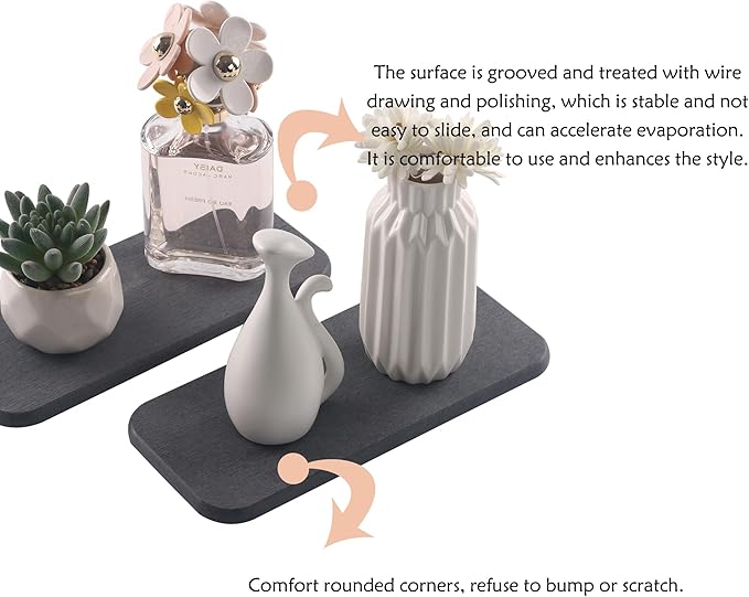 2 Pcs Water Absorbing Stone Trays, Kitchen/Bathroom Sink Soap Dish, Diatomite Tray Used for Hand Soap & Cosmetic Bottles in The Modern Home, 4" W x 9" L, Dark Gray