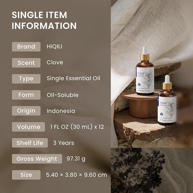HIQILI Clove Essential Oil Set, Bulk Pack for Business, Oral Care, Diffuser | Ultimate bulk supply for businesses and heavy users, perfect for consistent, high-volume use - 30mL / 1.01 fl oz (12 pack)