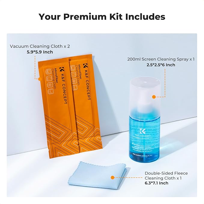 K&F CONCEPT 200ML Screen Cleaner Spray, with 2 Microfiber Cleaning Cloth | Double-Sided Velvet Cleaning Cloth,High-Efficiency Cleaning,Safe Formula Cleaner,Streak-Free,for TVs Tablets Phone Laptops