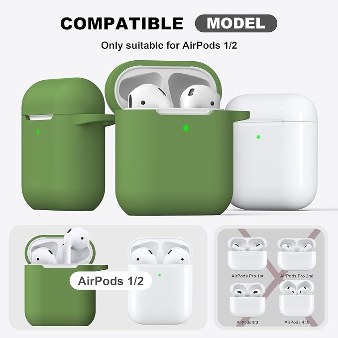 R-fun for AirPods 1/2 Case, Soft Silicone Protective Cover with Keychain and Cleaning Pen, Compatible with AirPods 2nd/1st Generation (2016/2019), Full Drop Protection Cover, Grass Green