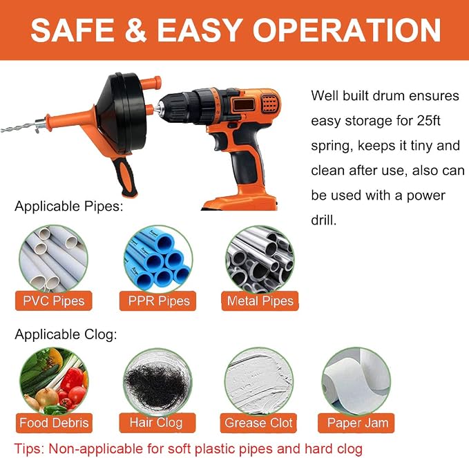 Drain Snake, Drain Auger with Drill Attachment, 25 Feet Plumbing Snake Tool Set Included Drain Clog Remover, Hair Clog Remover ＆ Cleaning Brush for Kitchen, Bathroom and Shower Sink with Gloves