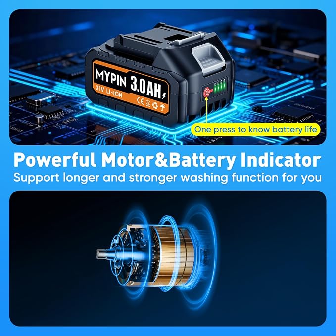Portable Cordless 600PSI Pressure Washer, 6-in-1 Nozzle with Jet Nozzles | 21V 2x3.0Ah Batteries Handheld Car Powered Washer with Battery Level Display for Car Floor Wall Fence Garden Cleaning