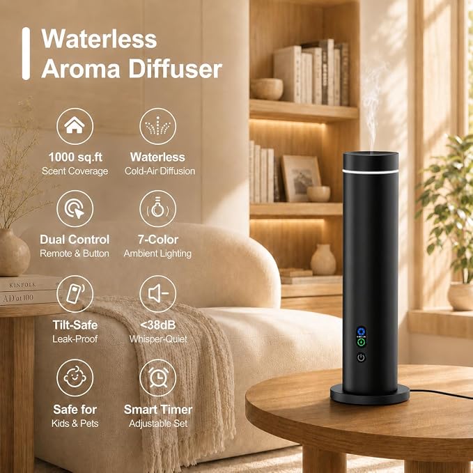 Waterless Essential Oil Diffuser, Metal Scent Diffuser, Black | Includes 6 essential oils, AC powered, 1000 sq.ft coverage for home, office & hotel, aluminum alloy body, remote control