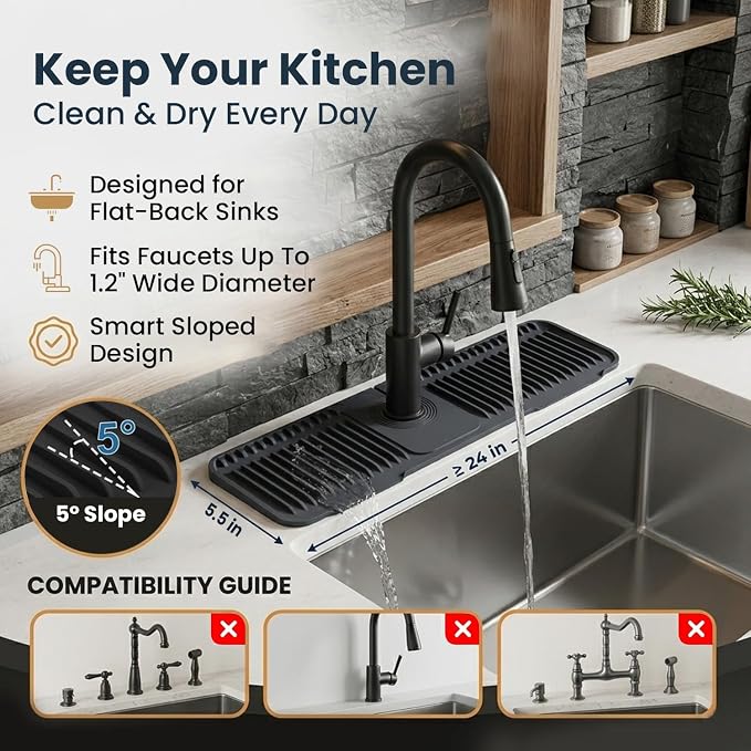 24x5.5 Inch Silicone Faucet Mat for Kitchen Sink - Kitchen Sink Splash Guard with FREE Rubber Drain Insert, Faucet Guard Draining Mat & Sink Water Splash Guard (Black)