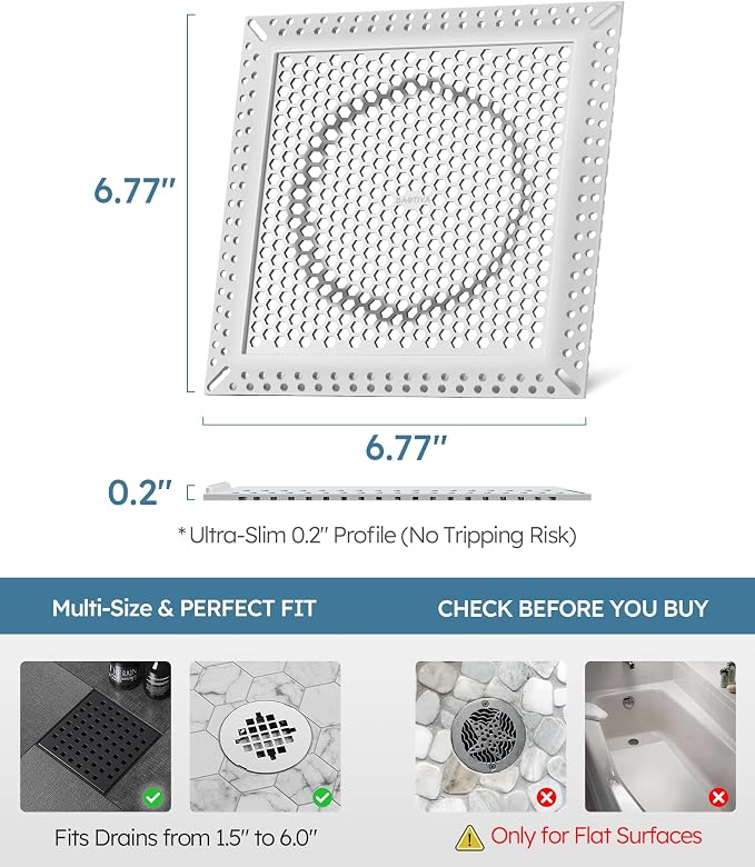Square Shower Drain Hair Catcher, Flat Shower Drain Hair Catcher, Anti-Clogging Fast Drainage, Anti-Slip & Stays in Place, Easy Clean Fits Bathroom Hair Catcher for Shower (Gray, 6 inch)