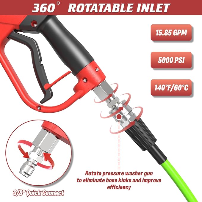 Pressure Washer Gun 5000 PSI, 360° Swivel Gun with 1/4" QC Outlet | Pressure Washer Accessories , Stubby Pressure Washer Gun with 5 Nozzle Tips, 3/8" Plug & M22-14mm Adapter