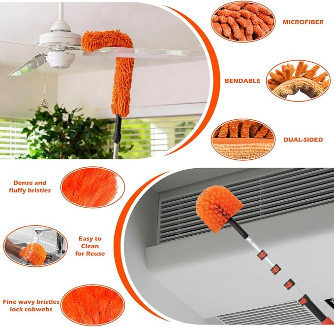 25FT Reach High Ceiling Duster Kits with 5-20FT Adjustable Pole - Includes Extra Long Duster, High Ceiling Duster, Rotatable Window Squeegee & Cobweb Duster for Ceiling Fans and Whole House Cleaning