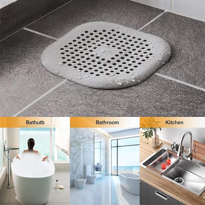Bovinde Hair Drain Catcher,Square Cover for Shower 4 Pack (Aluminium Grey) | Drainer Cover Silicone Hair Stopper with Suction Cups,Protector Accessories,Easy to Install Suit for Bathroom,Bathtub,Sink