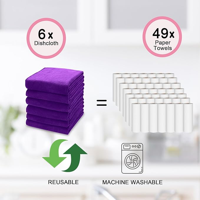 kimteny 13x28 Inches Kitchen Cloth Dish Towels, 400 GSM Premium Dishcloths, Super Absorbent Coral Velvet Microfiber Cleaning Cloths, Fast Drying Rags for Washing Dishes (6 Pack, Purple)