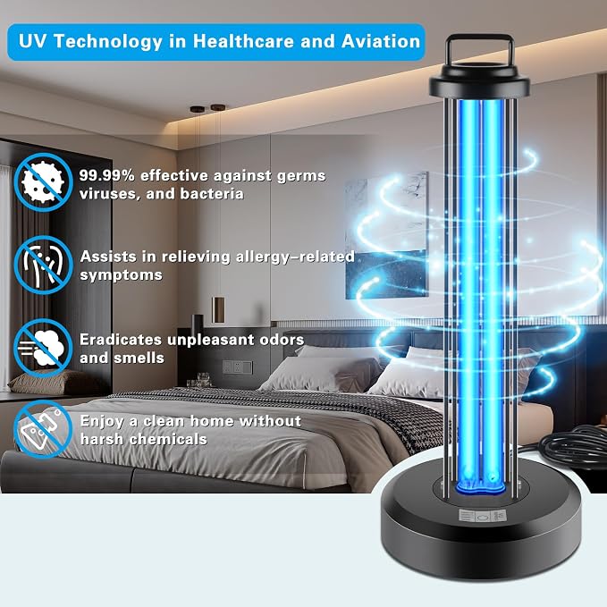 38W UV Light Sanitizer, Ultraviolet Lamp with Remote Control for Home, Office School, Hotel.99.99% UVC Cleaning Portable Lamp,3-Gear Timer 15/30/60 Minutes 110V with Ozone