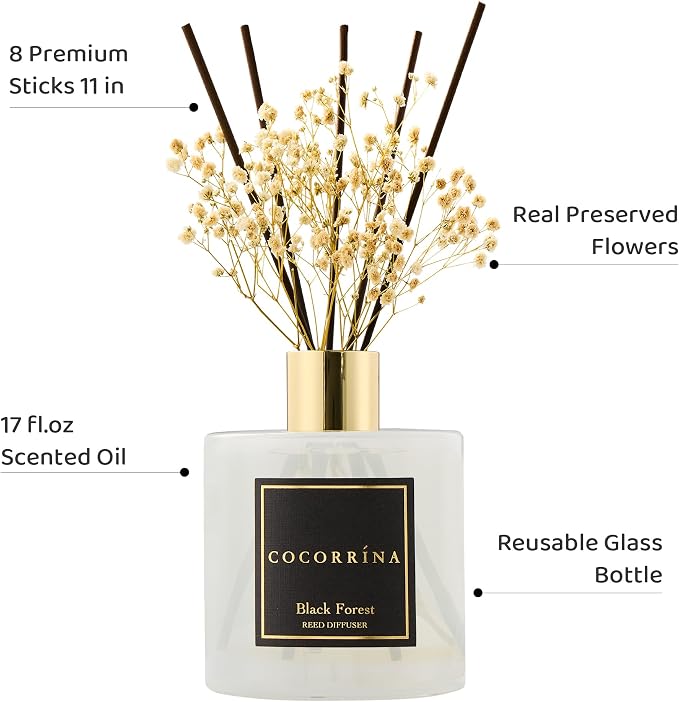 Reed Diffuser - Black Forest 17 Fl.oz Reed Diffuser with 8 Sticks Scented Diffuser with Preserved Flowers for Bathroom Home Decor