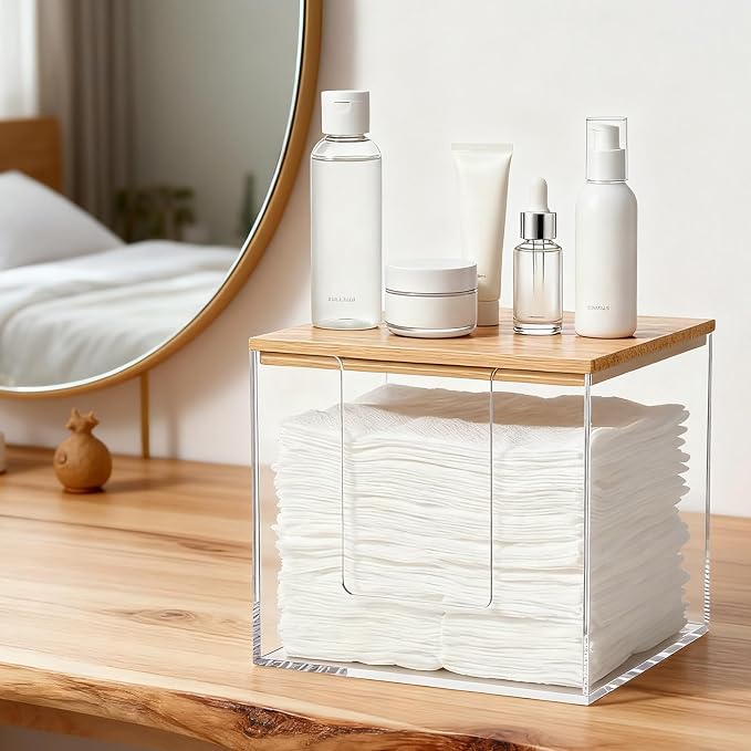 Rainmae Disposable Face Towel Holder, Acrylic Cosmetic Facial Towel Storage Box for XL Clean Skin Club, Upgrade Tissue Holder with Bamboo Lid Towel Organizer Container for Bathroom Vanity Countertop