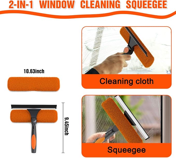 16FT Reach Window Squeegee Kit with Extension Pole, 2-in-1 Professional Washer for High Windows, 3-12FT Adjustable Reach, Rotatable Head for Indoor & Outdoor Use, Streak-Free Cleaning Tool for Home