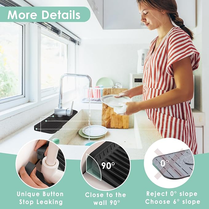 24 Inch Silicone Faucet Mat for Kitchen Sink Splash Guard - 7° Slope Water Draining Mat With Fasten Button for Bathroom Area (Black, 17.7''x5.5'')