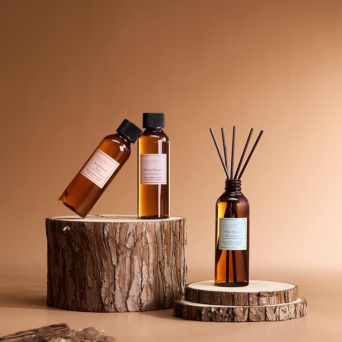 Reed Diffuser Refill Set, 10.2oz Scented Oil Refill 3 Pack, Sandalwood Rose, Cherry Blossom, Wild Mint & Eucalyptus, Long Lasting Oil Diffuser Refill with18 Sticks for Bathroom & Bedroom